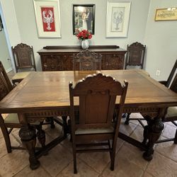 Antique Dining Set With 6 Chairs, Buffet And China Cabinet 