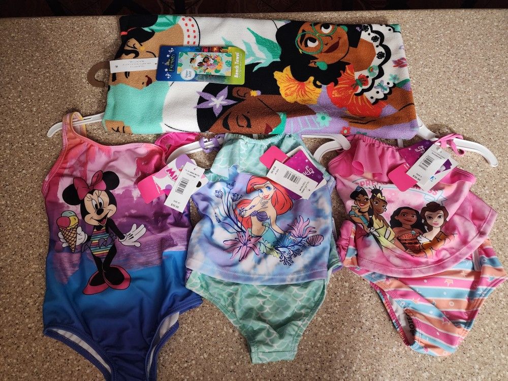 Size 4 Girl Swimsuits Set Of 3 And Encanto Towel