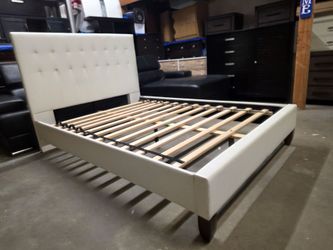 Modern White Leather Full Size Platform Bed Frame