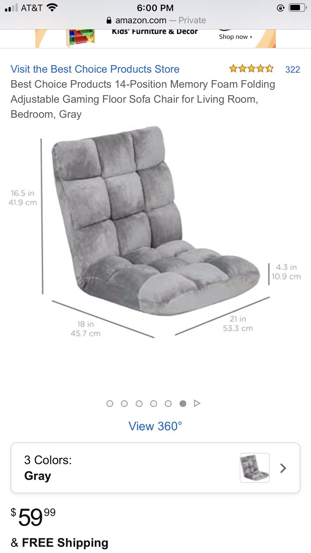 Memory Foam Folding Adjustable Gaming Floor Sofa Chair Gray