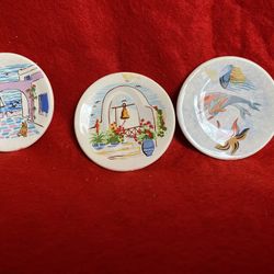 Set Of 3 2.75 Inch Handmade Greek Ceramic Decorative Plates Imported From Greece 