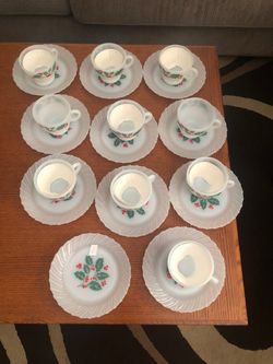Christmas Milk Glass Holly Berry Cup and Saucer Set