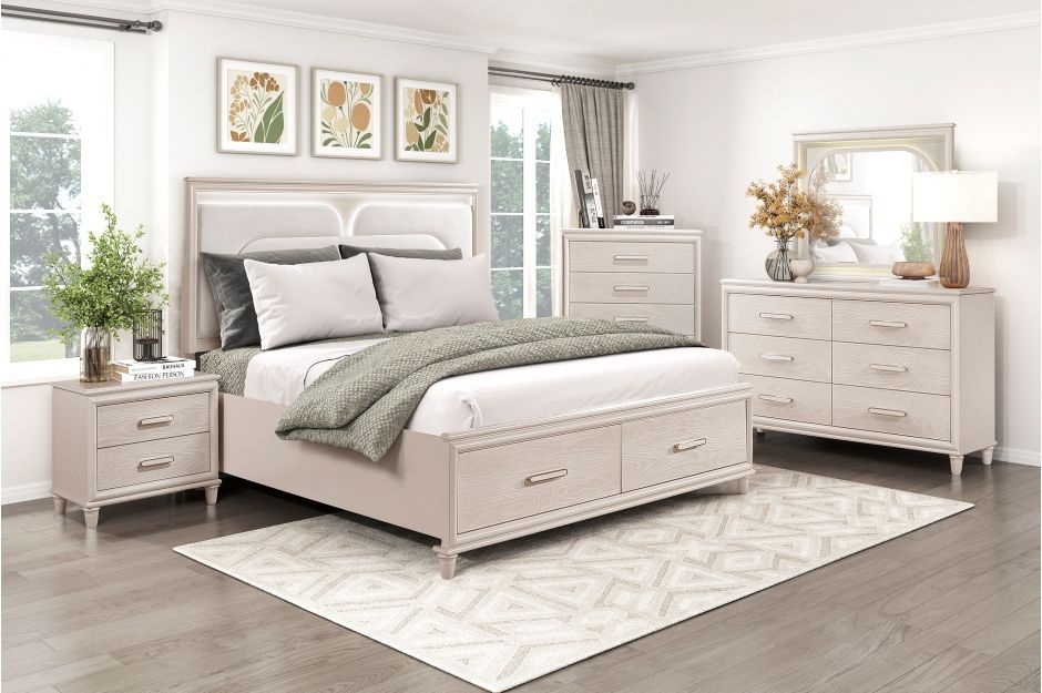 Bedroom set 4 pc White finish, LED Light in Headboard and Mirror. New Especial price