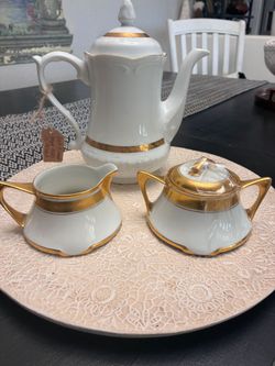 White Porcelain Tea Set with Gold Band
