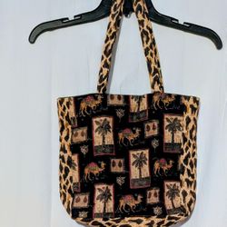 Bag Tote Leopard Print Palm Trees Camels Tote Reversible Handmade 11.5" x 12.5"