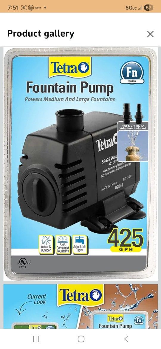 Pond Statuarv Pump 425 GPH. Powers Small And Tabletop Fountains