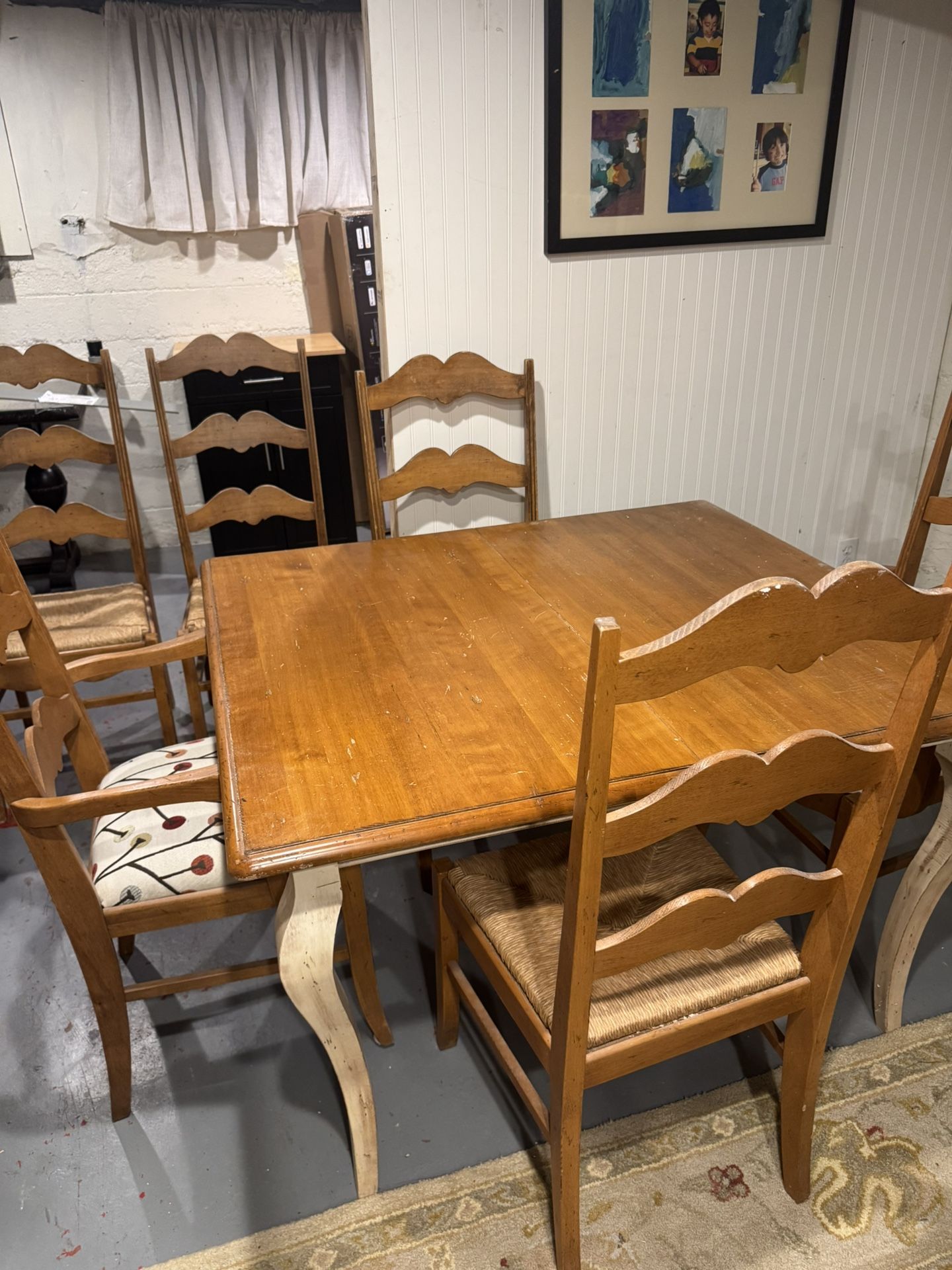 Solid maple dining table with six chairs
