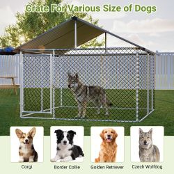 7.5'x7.5' Outdoor Heavy Duty Dog Kennel for Large Dogs, Rust-Proof Coated Wire Mesh Dog Cage with Sturdy Metal Roof, Secure Lock & All Weather Metal E