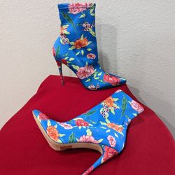 Aldo Blue Satin Floral Ankle High Heel Boots Women Size 9