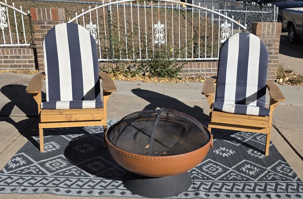 Wood Adirondack Chairs W/Cushions And Firepit