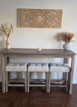 3 - Person Counter Height Dining Set, Height 60"W Pub Table Set with Tufted Linen Stools
