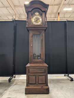 Ethan Allen Classic Dark Wood Grandfather Clock with Tempus Fugit Dial