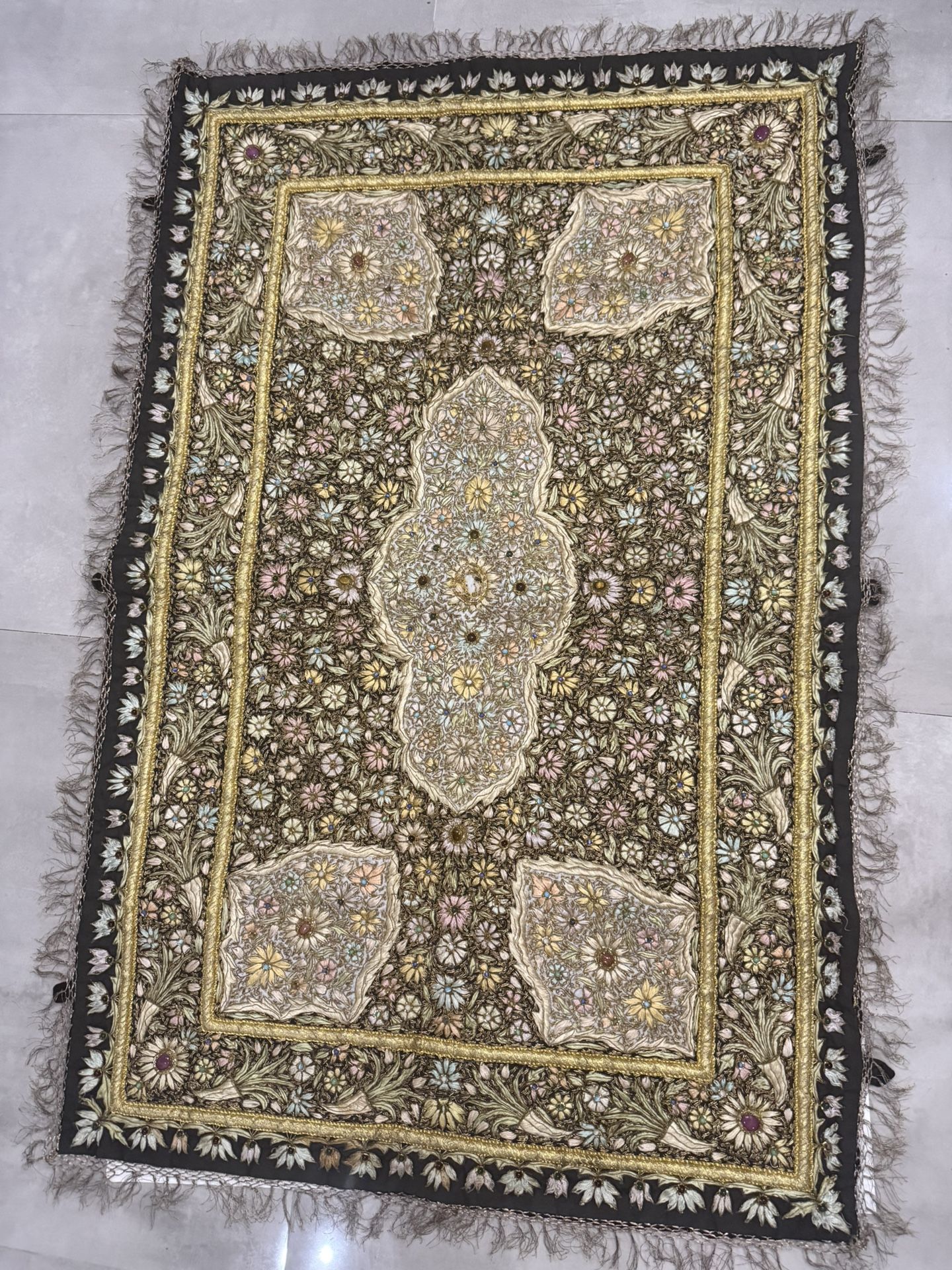 Large Antique Hand Embroidered Silk Gold Thread Floral Textile Panel 45” x 29”