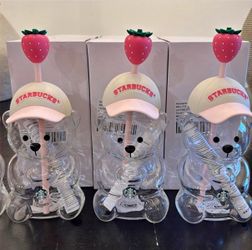Starbucks Bear Glass Cup with Strawberry Straw