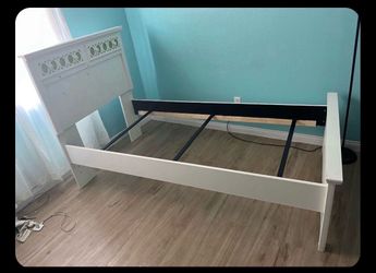White Wood Bed Frame with Decorative Headboard