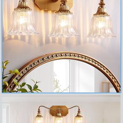 Gold Bathroom Vanity Light Fixture, 3 Lights Bathroom Lighting Matte Antique Brass Finish with Crystal Glass Shade, Gold Vintage Vanity Light for Bath