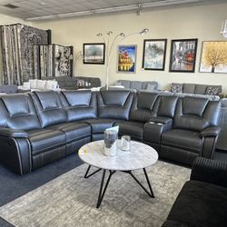 Gray Sectional Manual Recliner  Faux Leather 