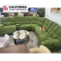 Luxury Jade Power Reclining Sectional Sofa with Wireless Charger & USB Ports - Modern Chenille Couch