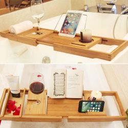 Bath Tray for Tub, Bamboo Bathtub Tray Caddy, Expandable Wood Tray with Wine Glass Holder, Reading Holder,