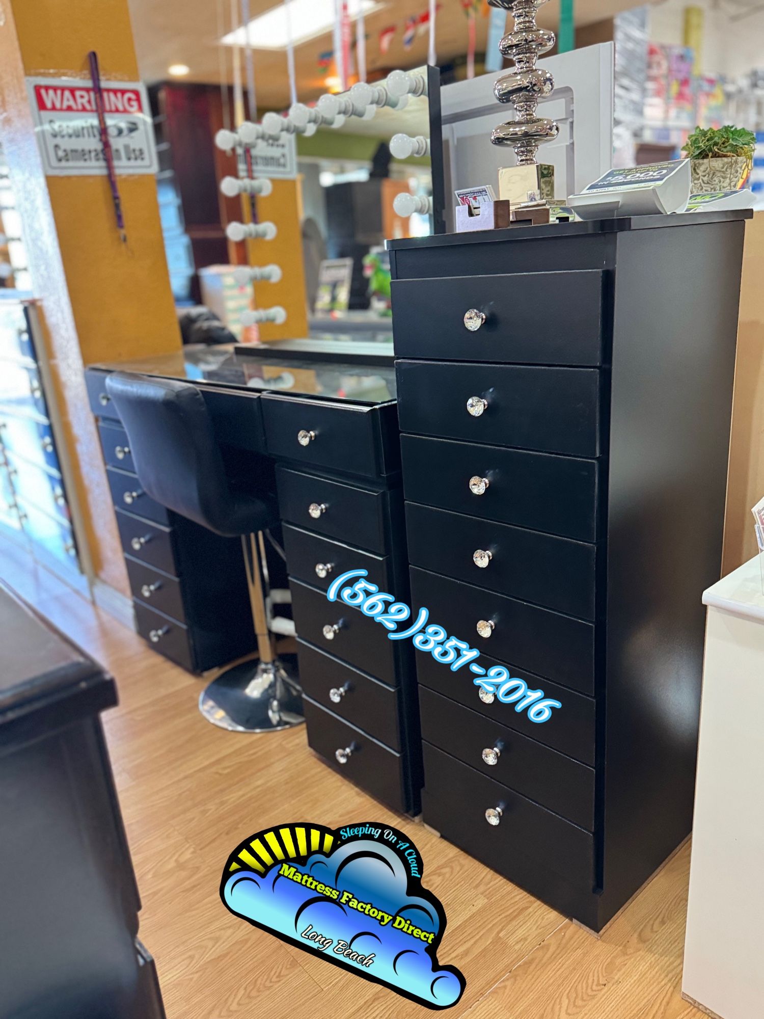 New Black Vanity With LED Lights And Black Eight Drawer Dresser With Diamond Knobs Bundle Set