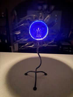 Vintage Metal Sun Face Candle Holder Blue Glass Boho Celestial Decor