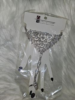 silver-tone rhinestone slave bracelet with a connected ring