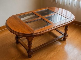 Vintage Oak Drop-Leaf Coffee Table with Glass Top