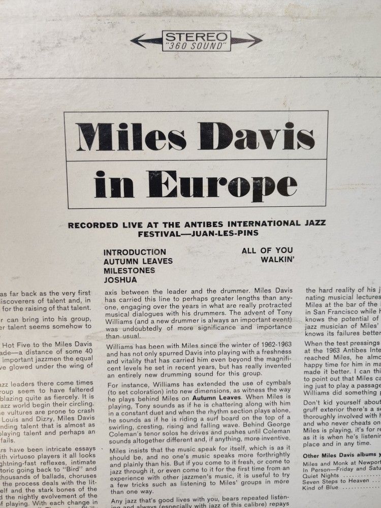 Vintage Miles Davis IN Europe Vintage Lp/Album/Record/Album