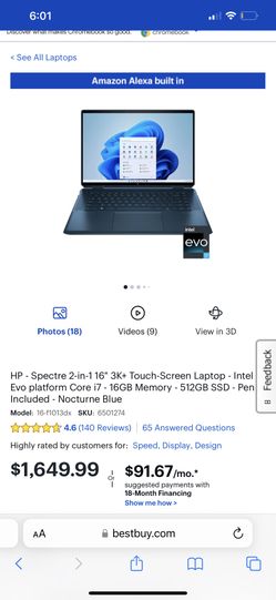 HP - Spectre 2-in-1 16" 3K+ Touch-Screen Laptop - Intel Evo platform Core i7 - 16GB Memory - 512GB SSD - Pen Included - Nocturne Blue