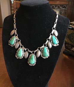 Navajo Silver Turquoise Necklace, With Silver Feathers
