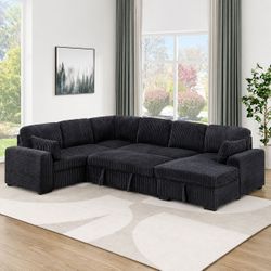 Black corduroy sectional sleeper sofa with pull out bed