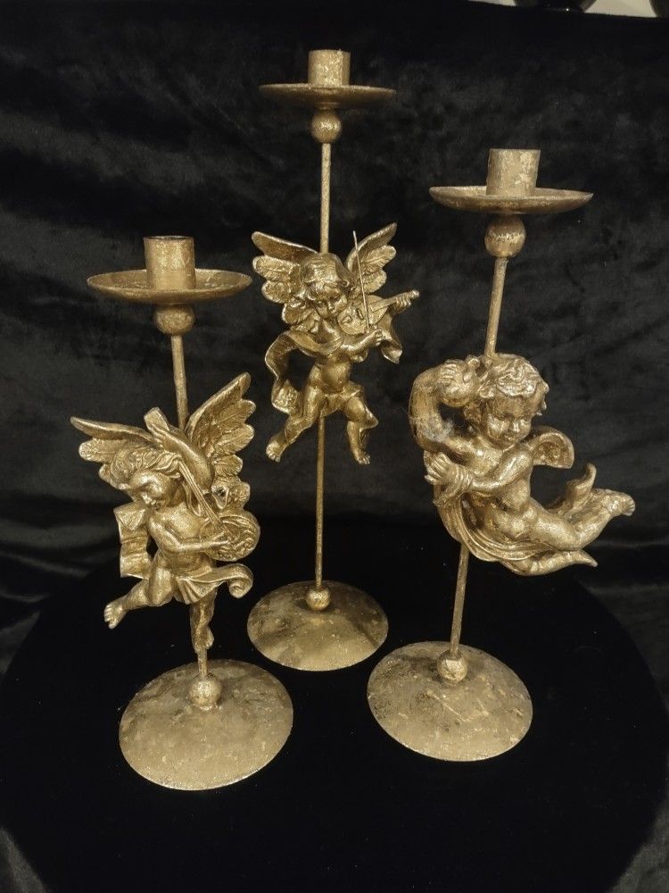 3 Gilded Gold Cherubs Tapered Candle Holder 