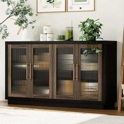 55.1"W Modern Sideboard Buffet with Fluted Glass Doors, Accent Cabinet Console Table TV Stand, Black & Brown