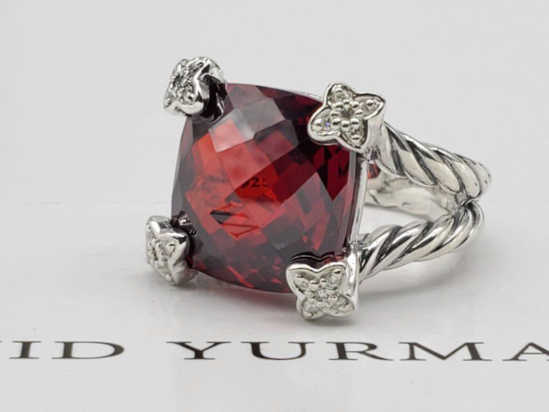 David Yurman Sterling Silver With Red Garnet And Diamonds Cushion On Point  Ring Sz 6.5