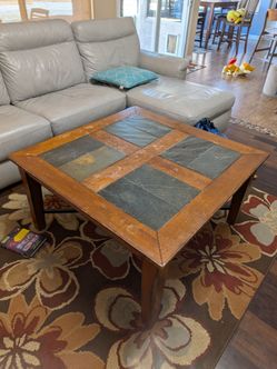 38" Solid Wood Square Coffee Table with Inlaid Slate Top