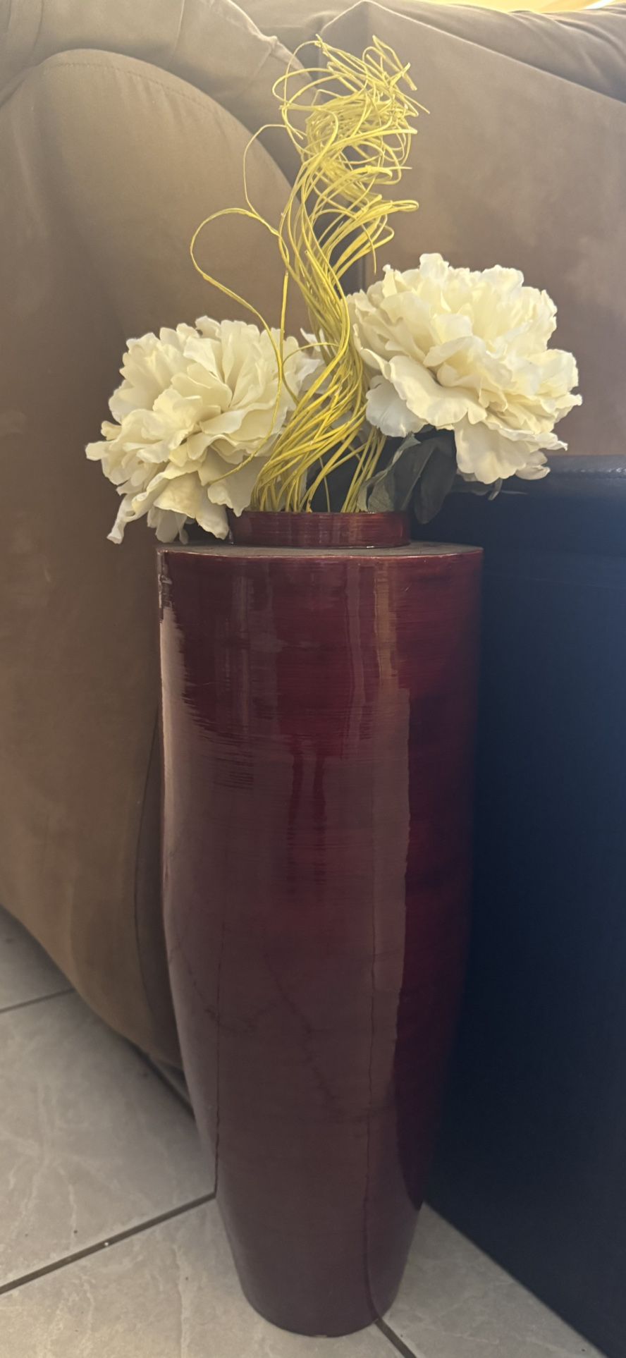 Tall Red Vase with Artificial Flowers  Lacquerware Vase