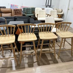 Wood Bar Stools Set of 4, Farmhouse 24" Barstool Counter Stools with Curved Back Counter Chairs for Kitchen Islands Dining Room, Natural Oak