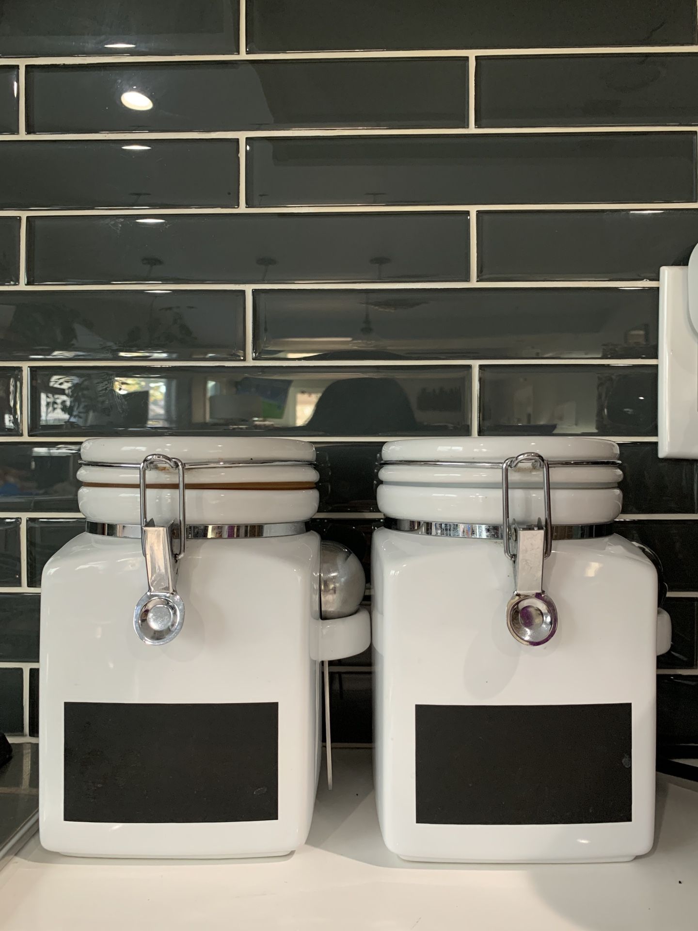 2 Crate & Barrel Medium Canisters With Scoop And Chalkboard