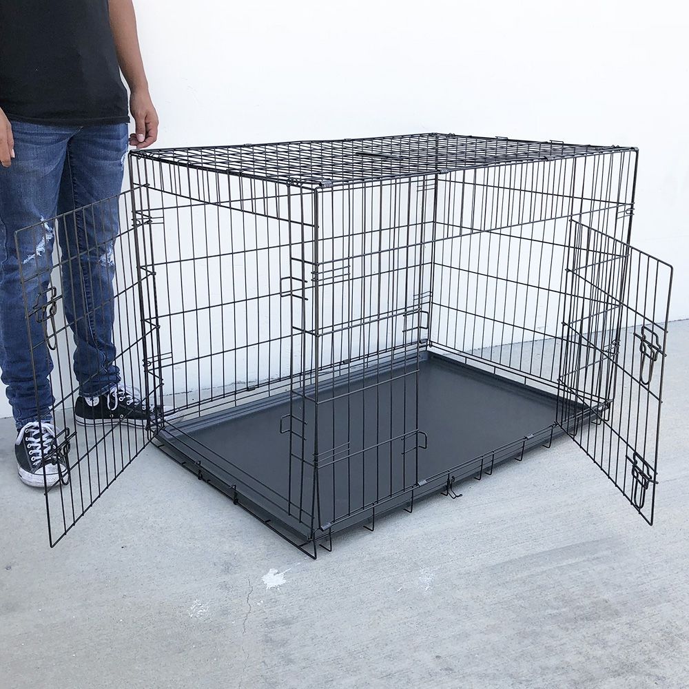 New $60 Folding 42” Dog Cage 2-Door Pet Crate Kennel w/ Tray 42”x27”x30”
