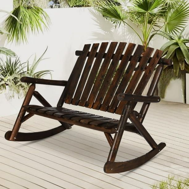 Outdoor Double Wooden Rocking Bench, Adirondack Porch Rocker