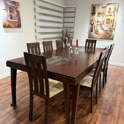 Wooden dinning table with glass and 8x chairs