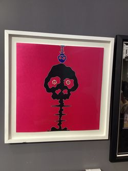 Signed Takashi Murakami Framed Skull Art Print – Pink Background