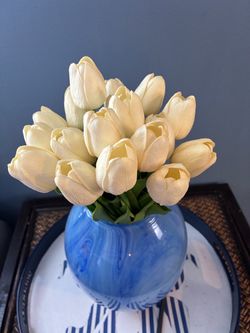 Blue Marbled Ceramic Vase with Faux Tulips