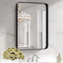 LOAAO Black Metal Framed Bathroom Mirror for Wall, 22X30 Inch Rounded Rectangle Mirror, Matte Black Bathroom Vanity Mirror Farmhouse, Anti-Rust, Hangs