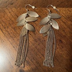 Pair of LOFT gold long chain tassel fashion earrings with metal feather clusters - GENTLY USED, WORN ONCE OR TWICE