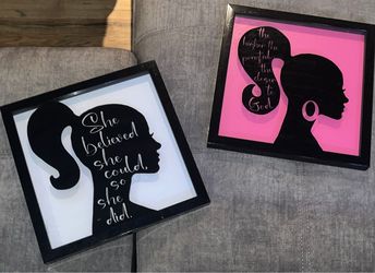 Pair of Girl Profile Etched Painted Glass Shadow Box Style Hanging Art Work