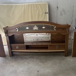 Vintage Wooden Queen Bed Headboard With Mirrors And Drawers