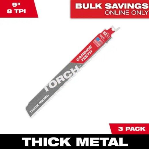 MILWAUKEE 9 in. 8 TPI (3-Pack) TORCH Carbide Teeth Thick Metal Cutting SAWZALL Reciprocating Saw Blades (Model: 48-00-5302)