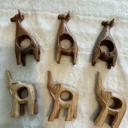Six Vintage Wood Safari Napkin Rings 