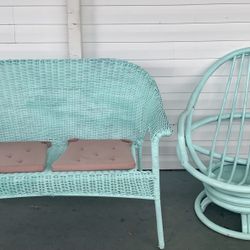 Adorable Turquoise Wicker Loveseat And Rattan Swivel Chair 